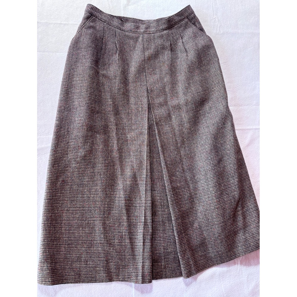 Vintage Wool Blend Houndstooth Midi Skirt High Waist Pleated Burgundy Brown 9/10 - Picture 1 of 4